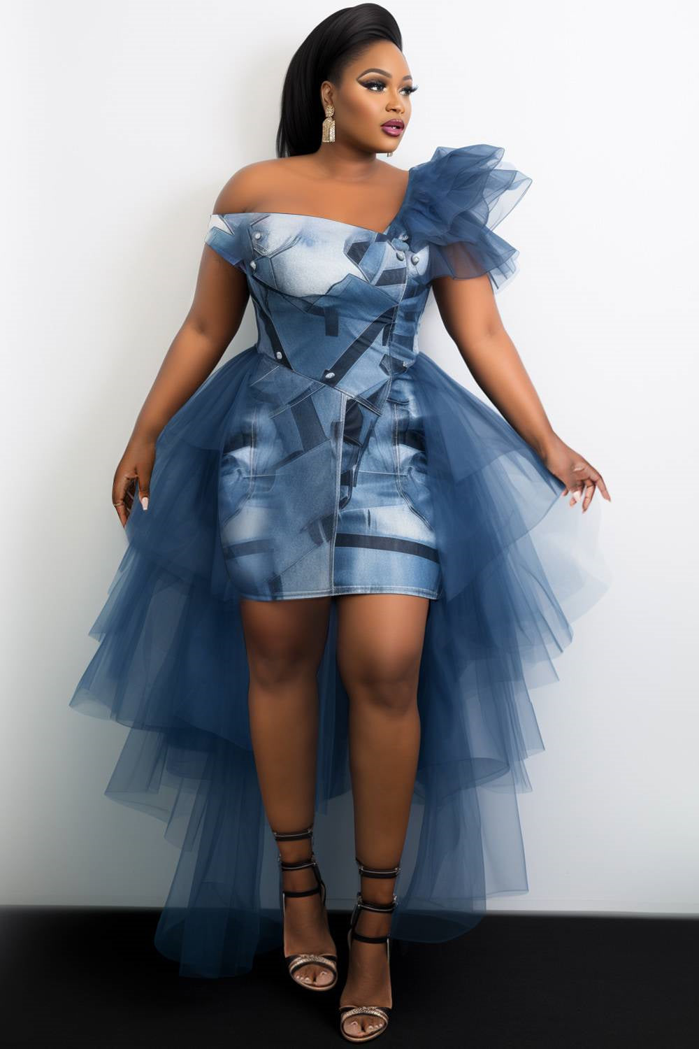 Xpluswear Design Plus Size Cocktail Party Blue Elegant Denim Print Asymmetrical Collar Flutter Sleeve With Skirt Overlay High Low Hem Tulle Mini Dresses