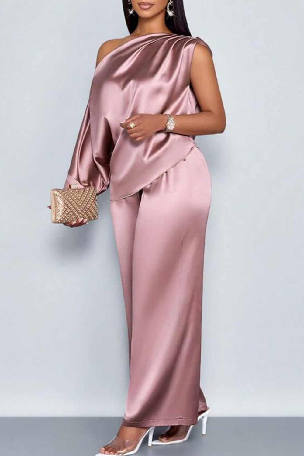 Plus Size Business Casual Pink Elegant Oblique Collar Short Sleeve Pocket Satin Two Piece Pant Sets