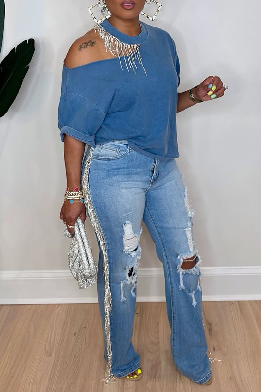 Plus Size Daily Blue Casual Round Neck Short Sleeve Cut Out Strappy T-Shirts