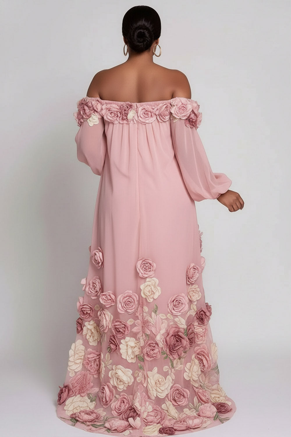 Xpluswear Design Plus Size Wedding Guest Pink Floral Off The Shoulder Long Sleeve High Low Hem 3D Chiffon Midi Dresses [Pre-Order]