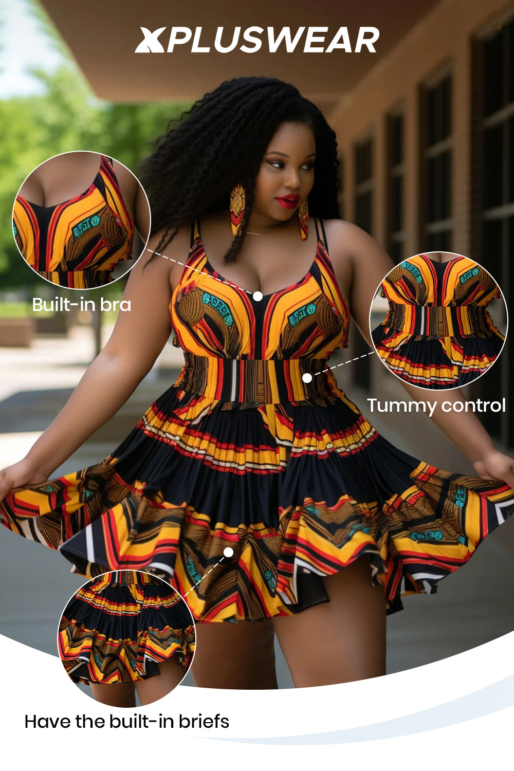 Xpluswear Design Plus Size Beach Multicolor African Ankara V Neck Swimsuit Fabric Swimwear Dress With Panty