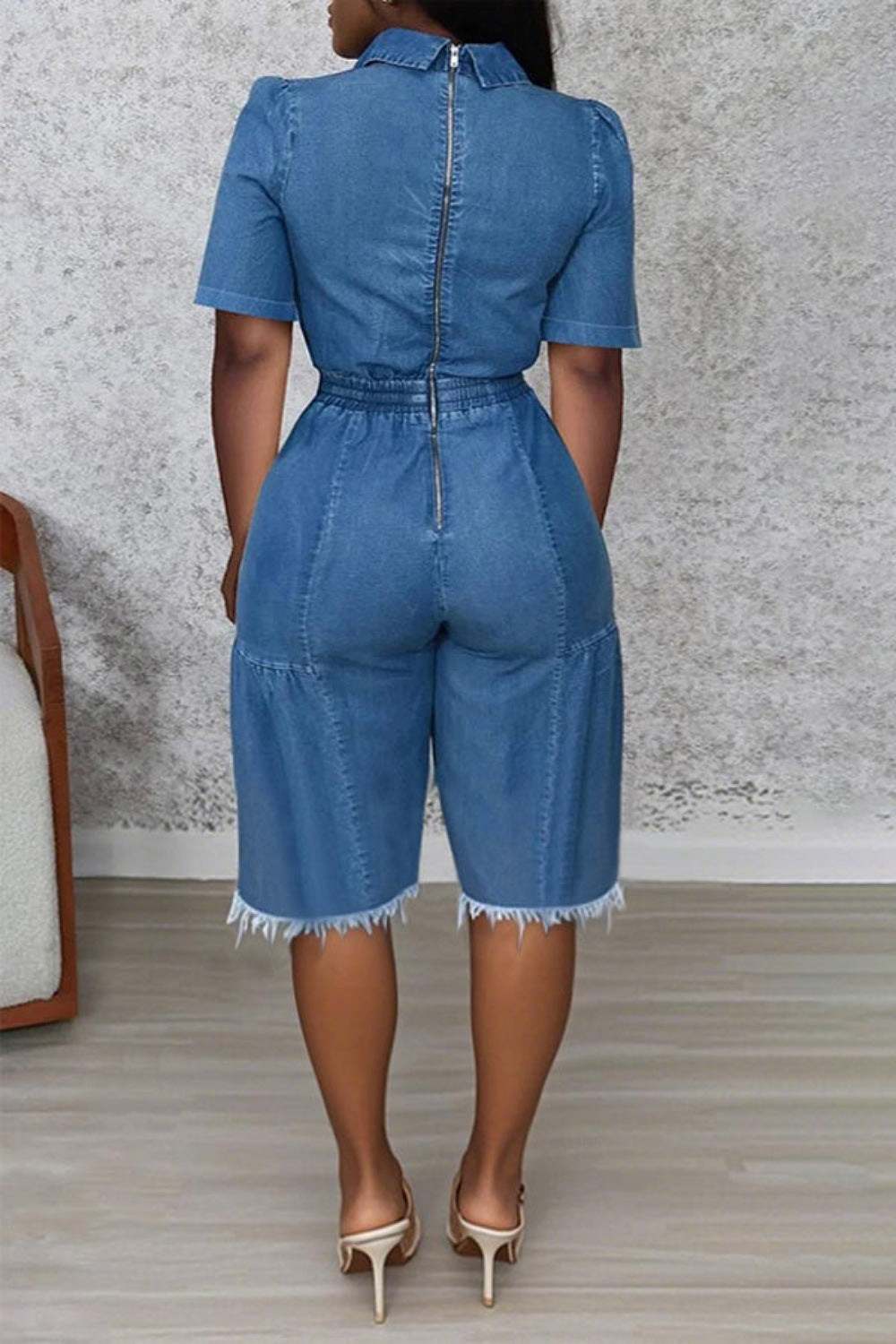 Plus Size Daily Blue V Neck Short Sleeve Pull-On Waist Casual Pocket Denim Rompers