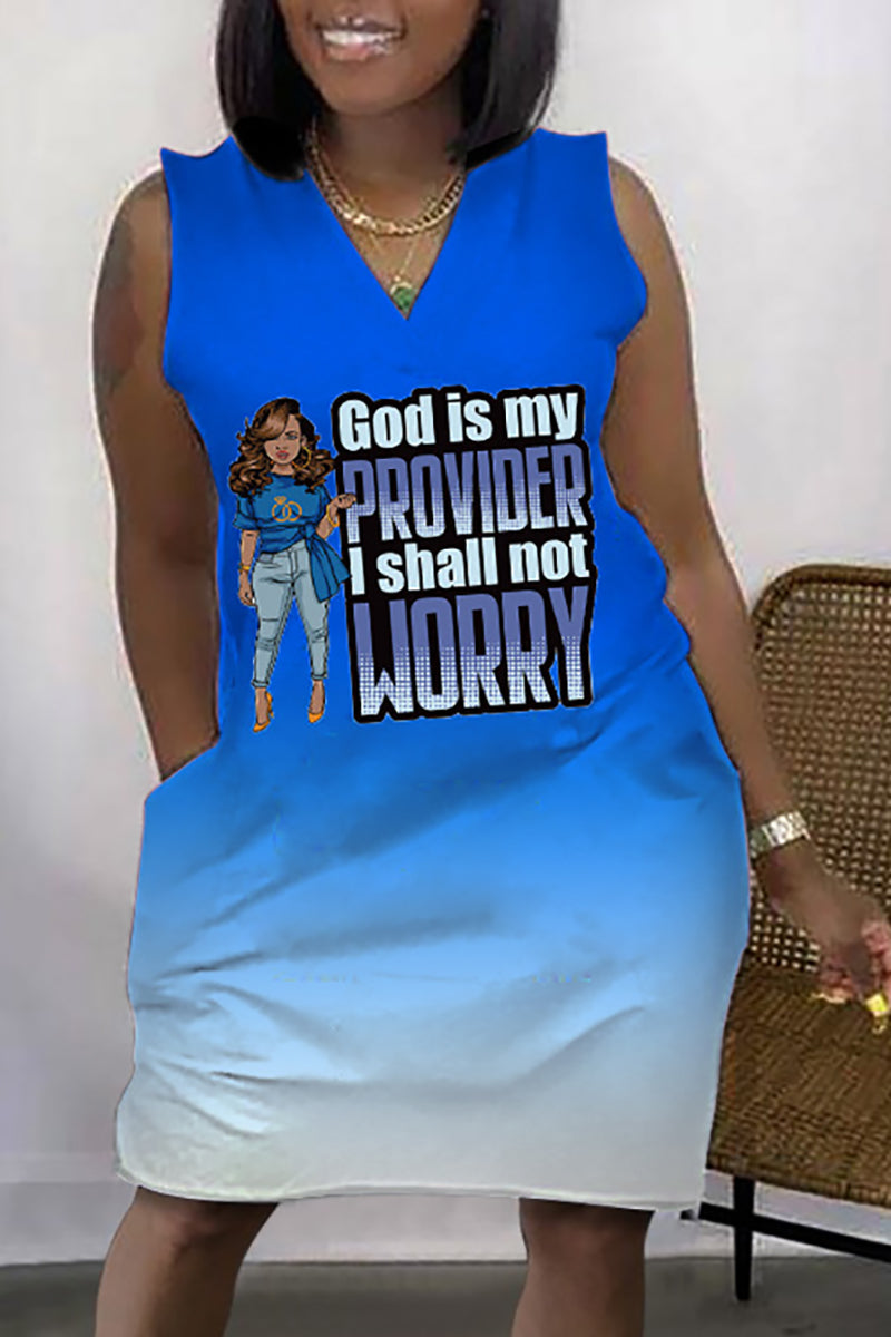 Xpluswear Plus Size Daily African Graphic Print Sleeveless V Neck With Pockets Mini Dress