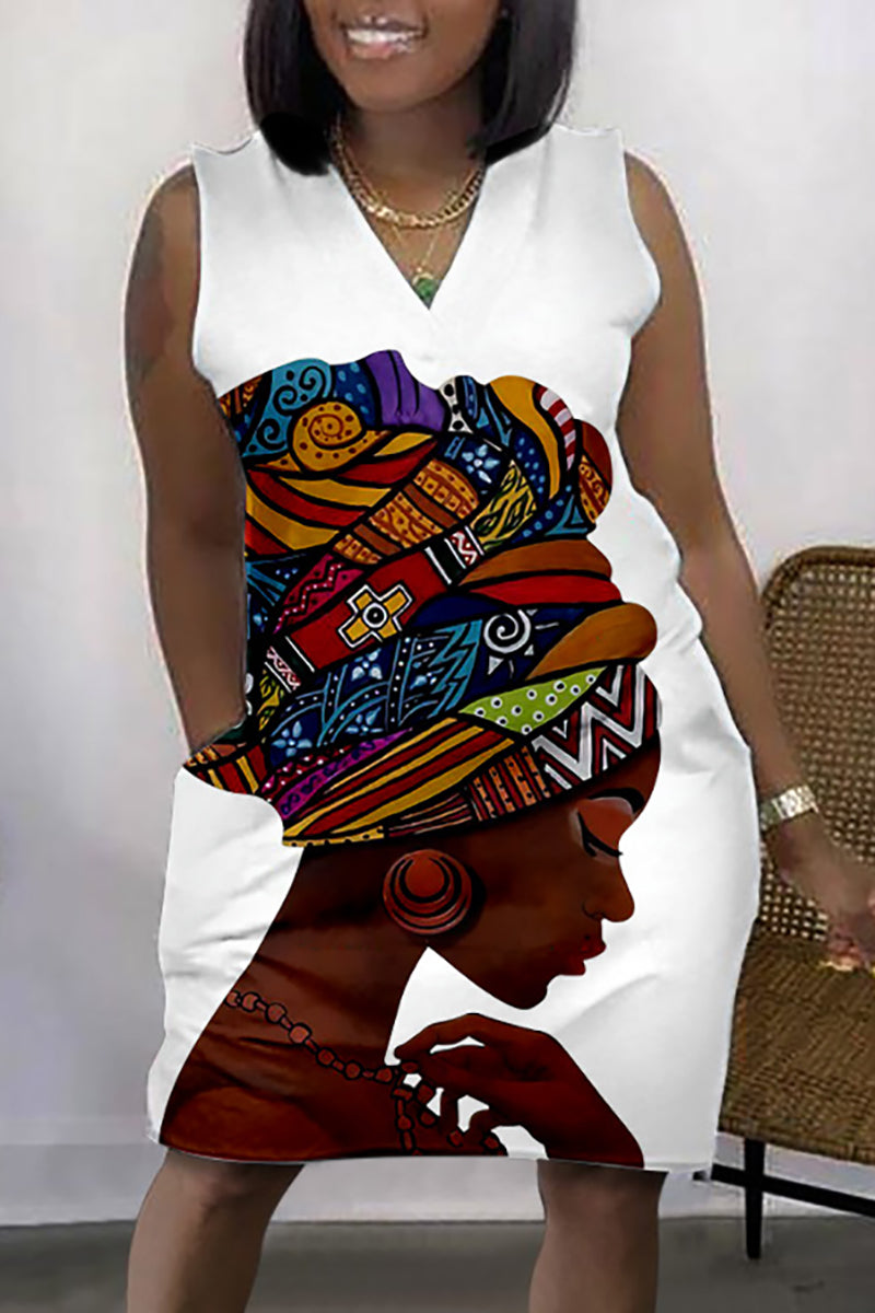 Xpluswear Plus Size Daily African Graphic Print Sleeveless V Neck With Pockets Mini Dress