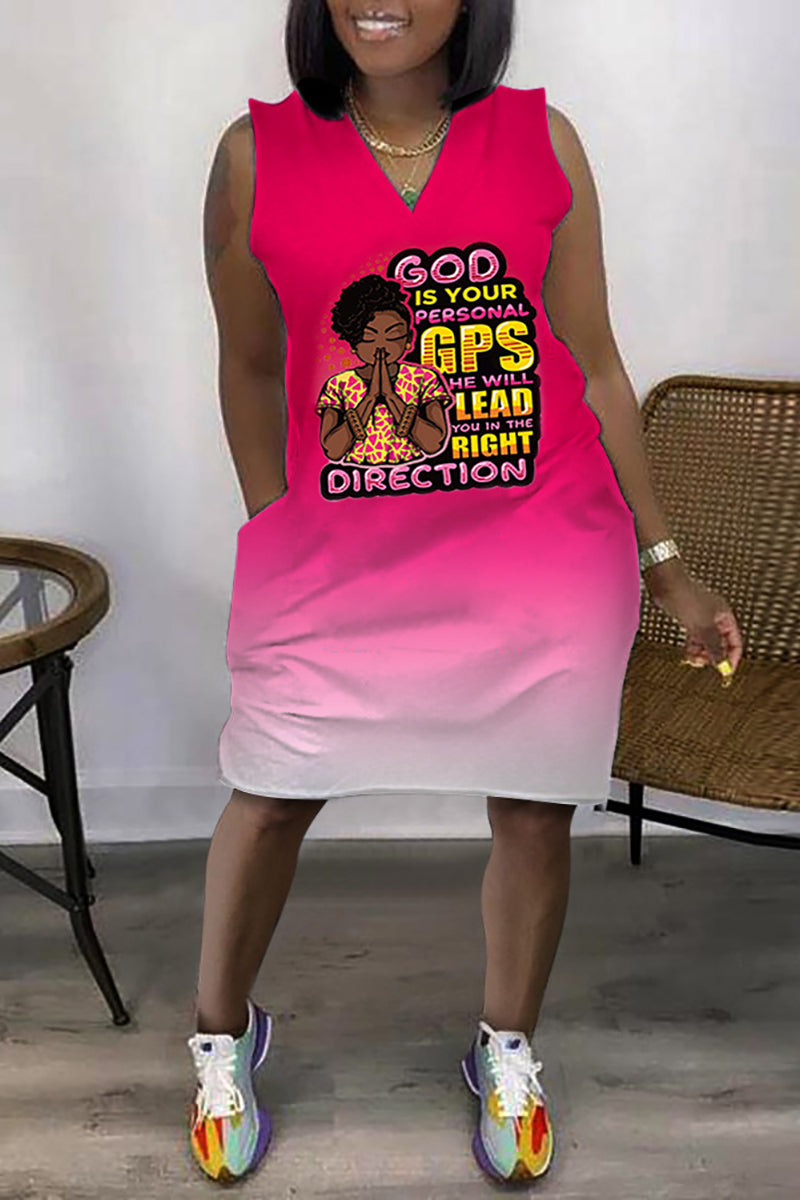 Xpluswear Plus Size Daily African Graphic Print Sleeveless V Neck With Pockets Mini Dress