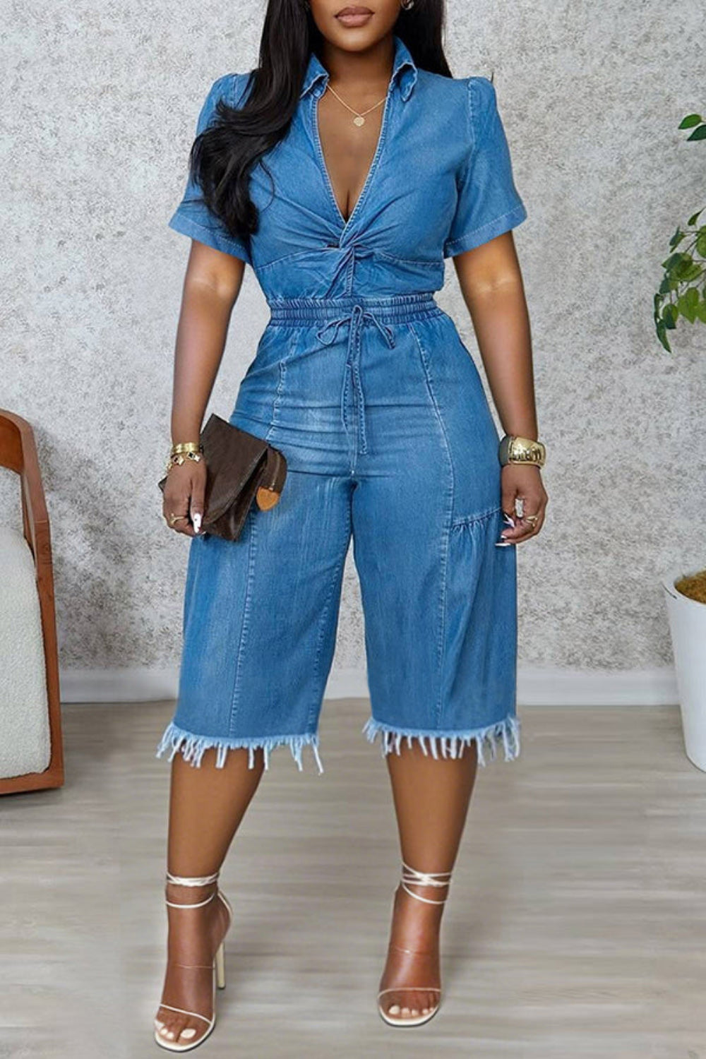 Plus Size Daily Blue V Neck Short Sleeve Pull-On Waist Casual Pocket Denim Rompers