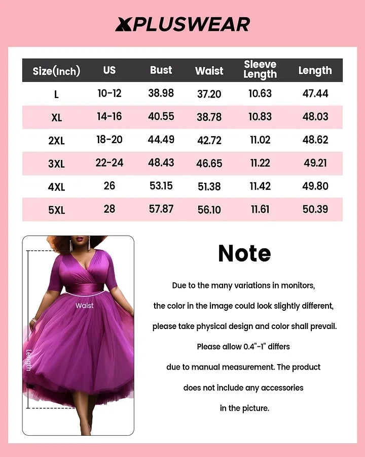 Xpluswear Design Plus Size Prom Elegant Purple Spring Summer Wrap Neck Short Sleeve Contrast Tulle Midi Dresses