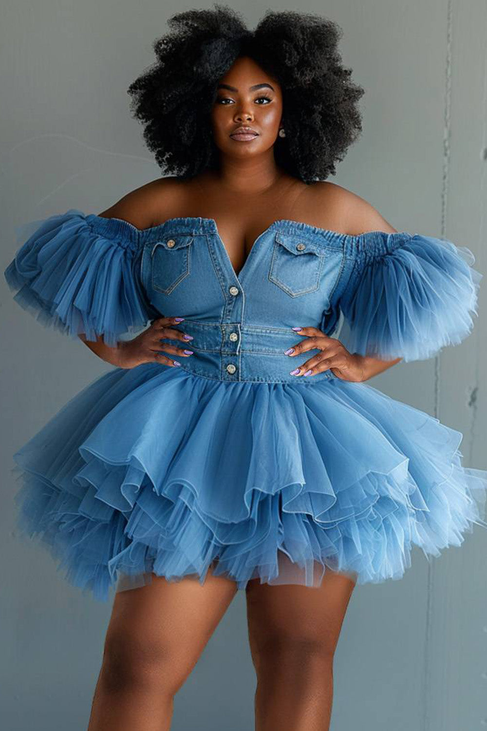 Xpluswear Design Plus Size Party Tulle Blue Off The Shoulder Short Sleeve Pleated Contrast Denim Mini Dresses