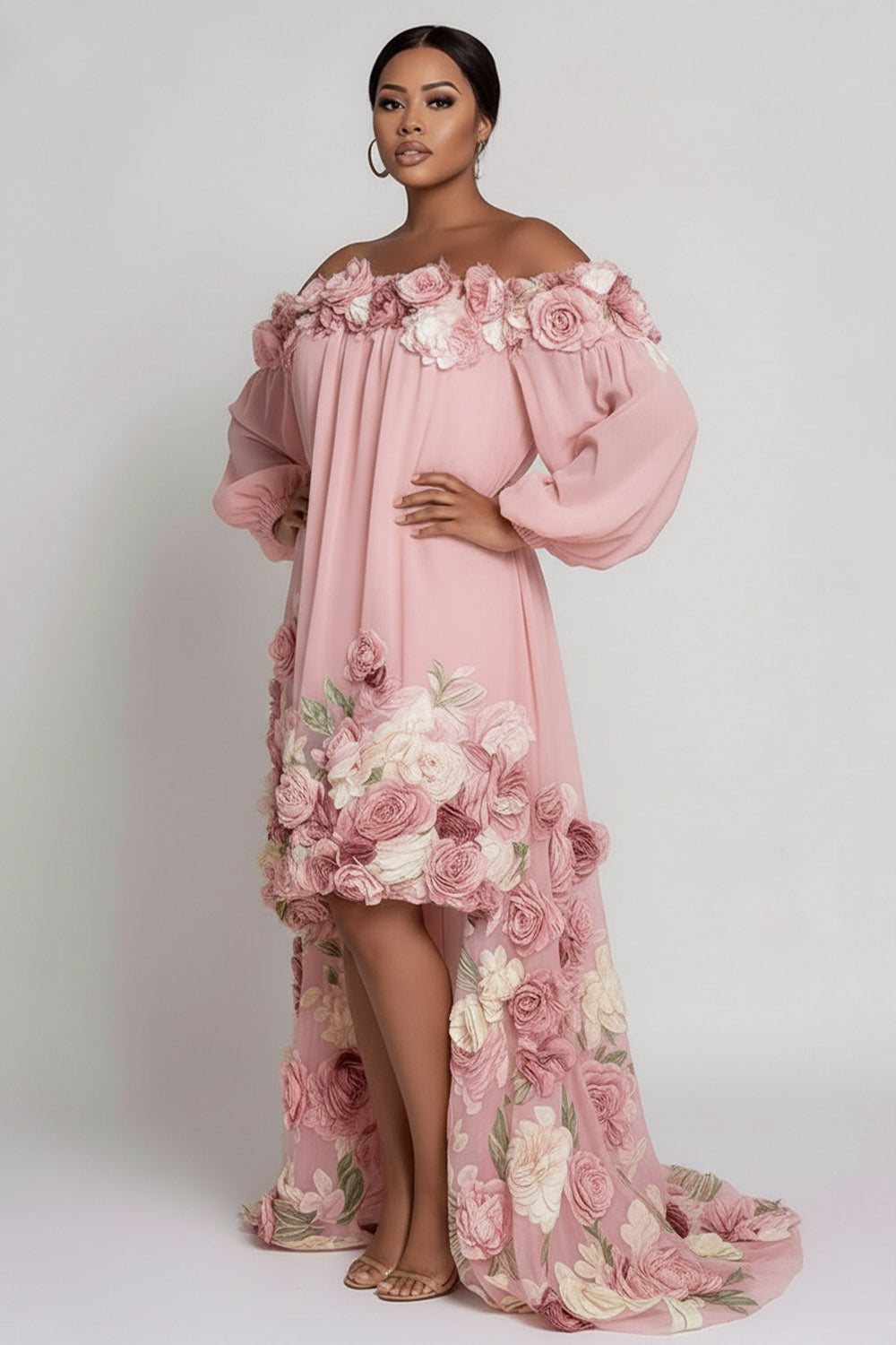 Xpluswear Design Plus Size Wedding Guest Pink Floral Off The Shoulder Long Sleeve High Low Hem 3D Chiffon Midi Dresses [Pre-Order]