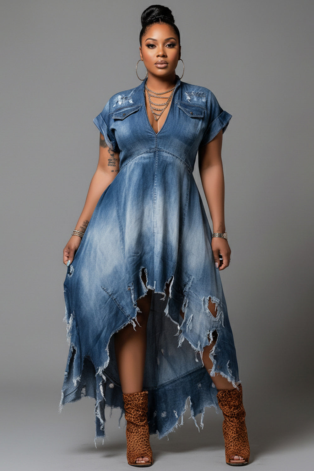 Xpluswear Design Plus Size Party Blue V Neck Short Sleeve Ripped Asymmetric Hem Denim Midi Dresses [Pre-Order]