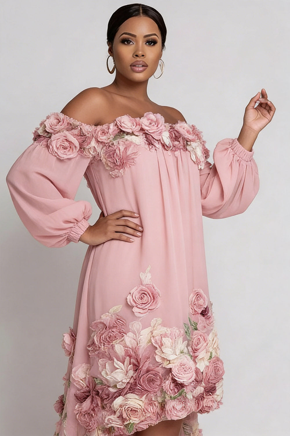 Xpluswear Design Plus Size Wedding Guest Pink Floral Off The Shoulder Long Sleeve High Low Hem 3D Chiffon Midi Dresses [Pre-Order]
