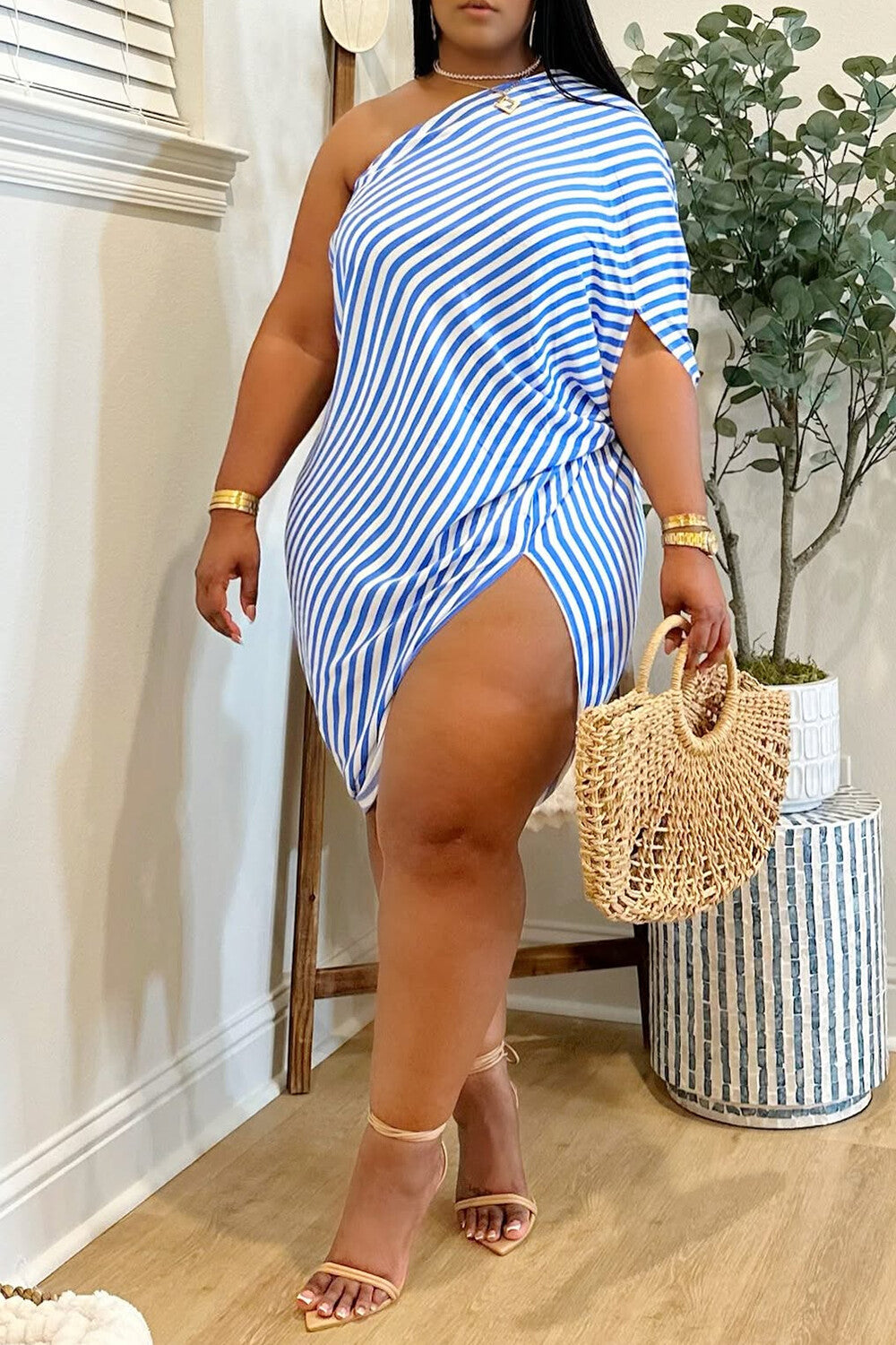 Plus Size Vacation Blue Sundress Striped One Shoulder Asymmetric Hem Mini Dresses