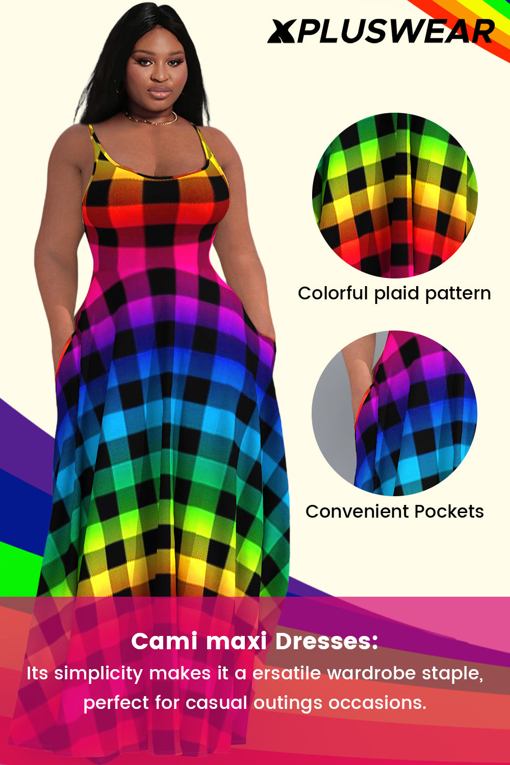 Xpluswear Design Plus Size Casual Sundress Rainbow Gradient Plaid Pockets Cami Maxi Dress