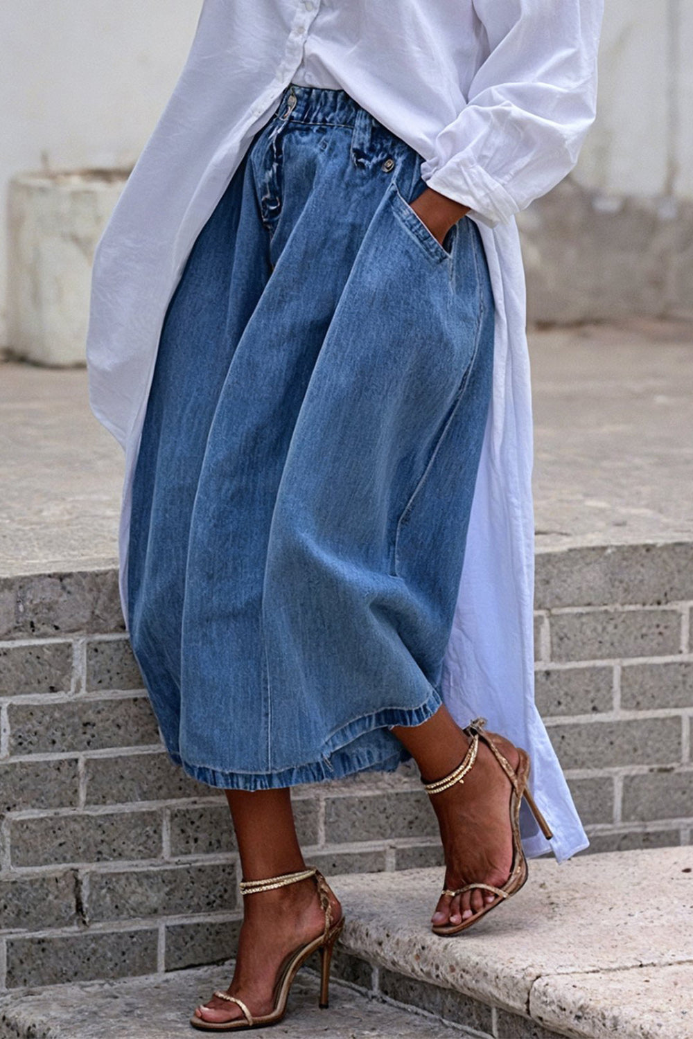 Plus Size Daily Blue Casual Pocket Wide Leg Denim Crop Jeans