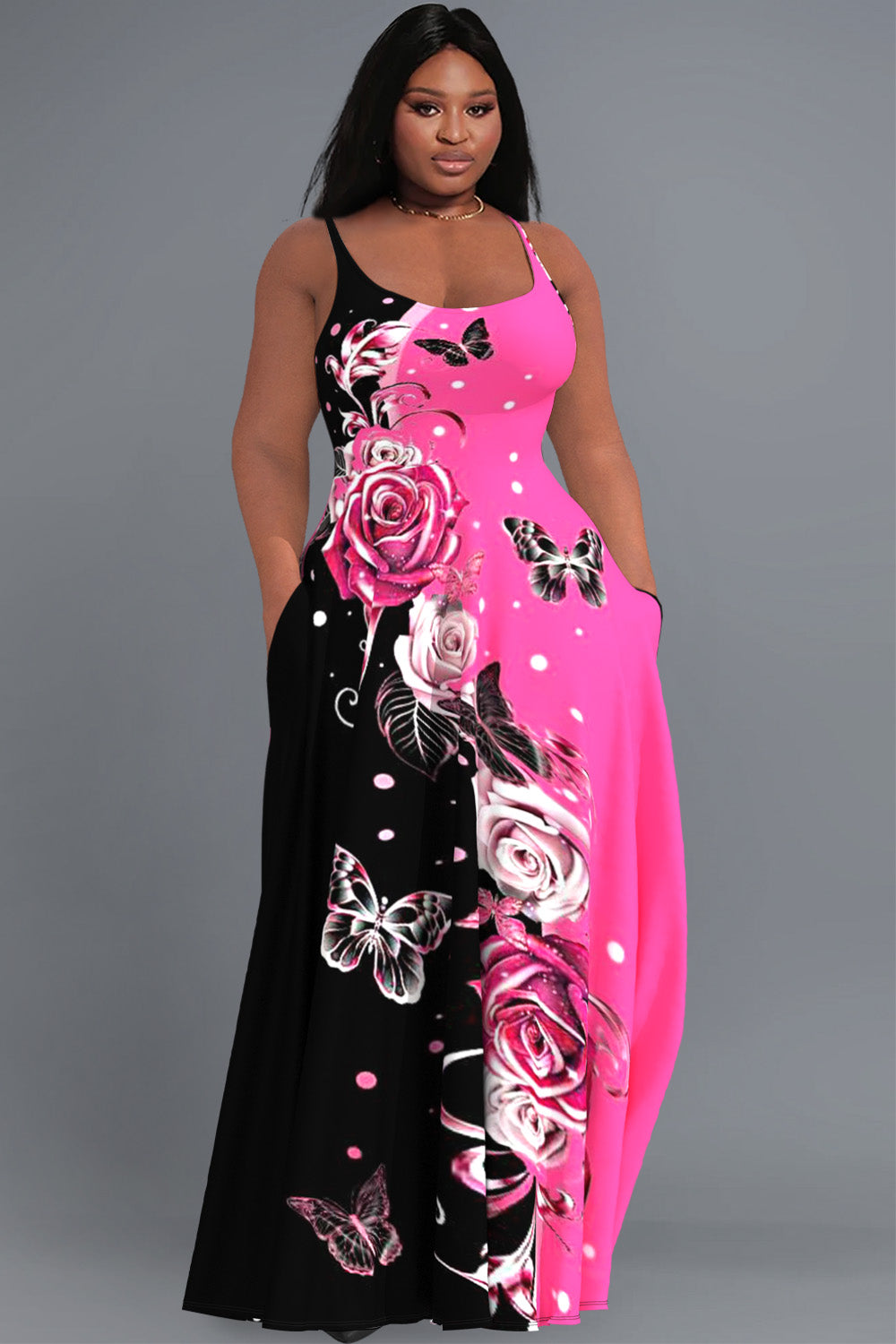 Xpluswear Design Plus Size Casual Sundress Colorblock Butterfly Print With Pockets Maxi Dress