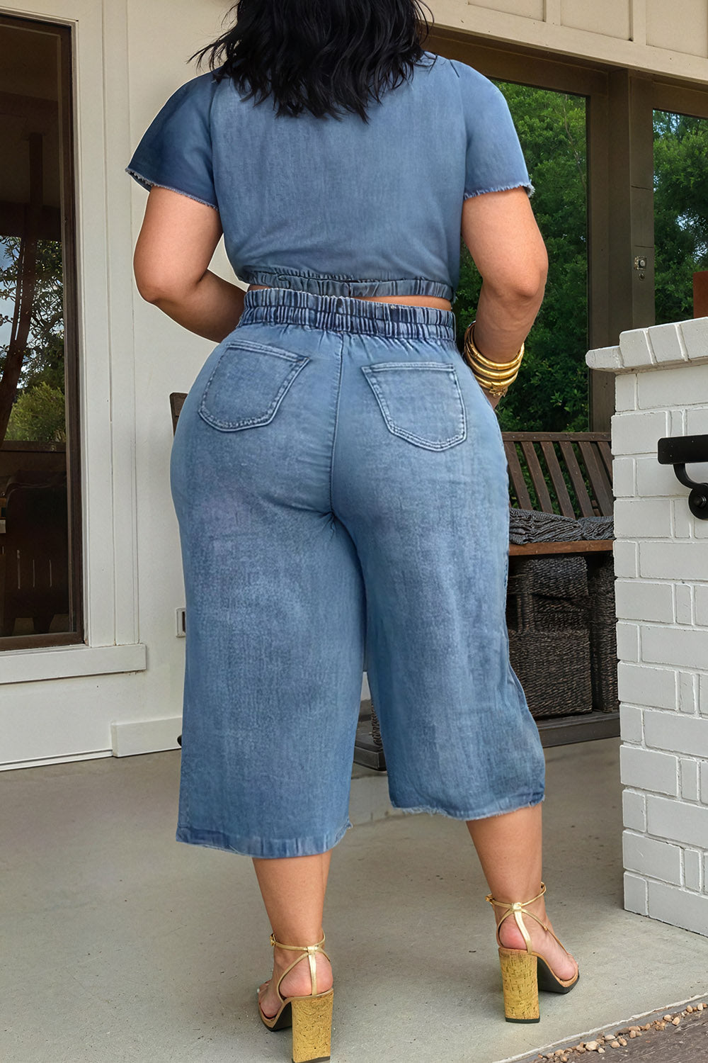 Plus Size Daily Blue Round Neck Short Sleeve Pocket Pull-On Waist Denim Two Piece Short Sets