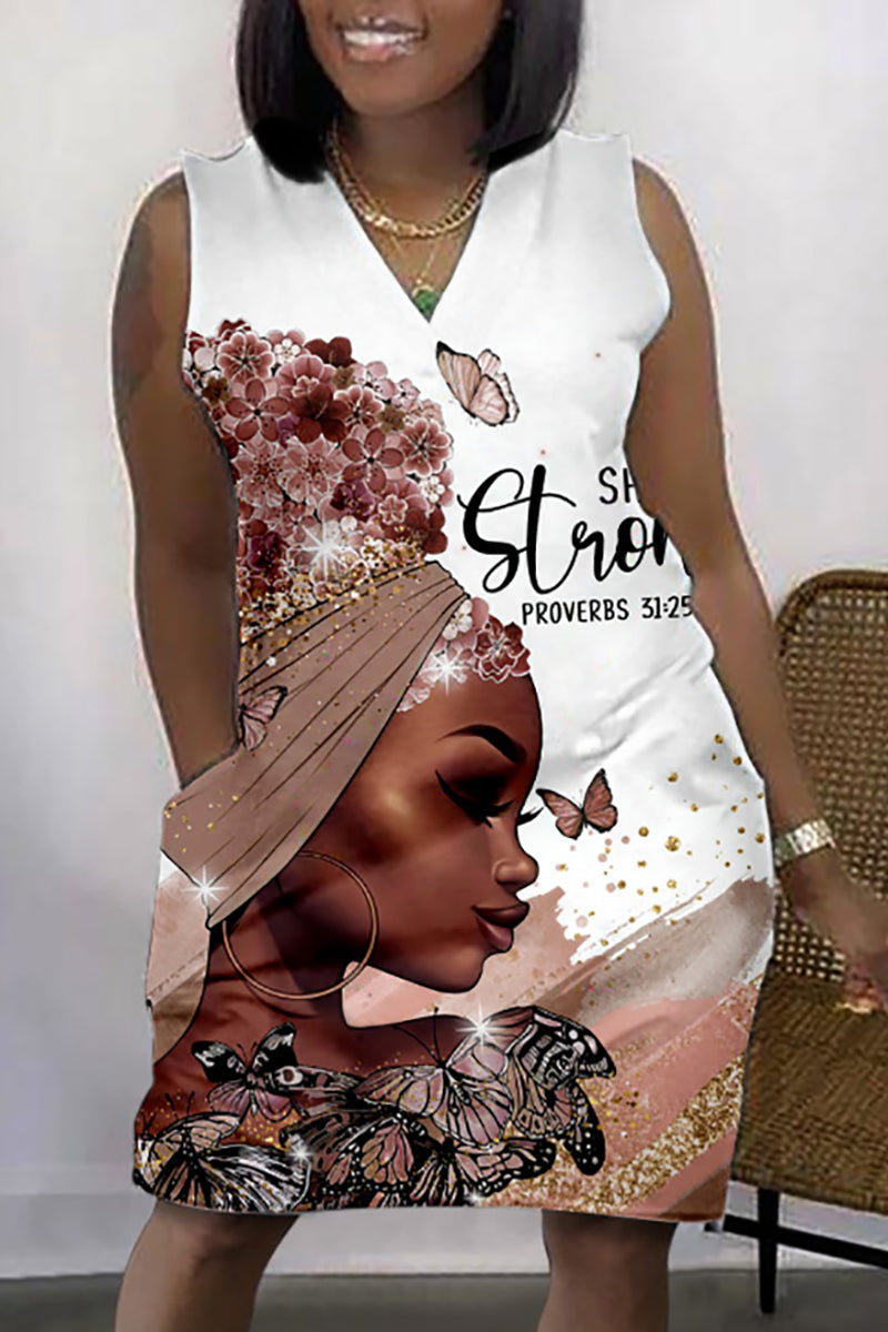 Xpluswear Plus Size Daily African Graphic Print Sleeveless V Neck With Pockets Mini Dress