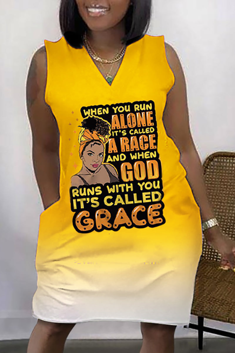 Xpluswear Plus Size Daily African Graphic Print Sleeveless V Neck With Pockets Mini Dress