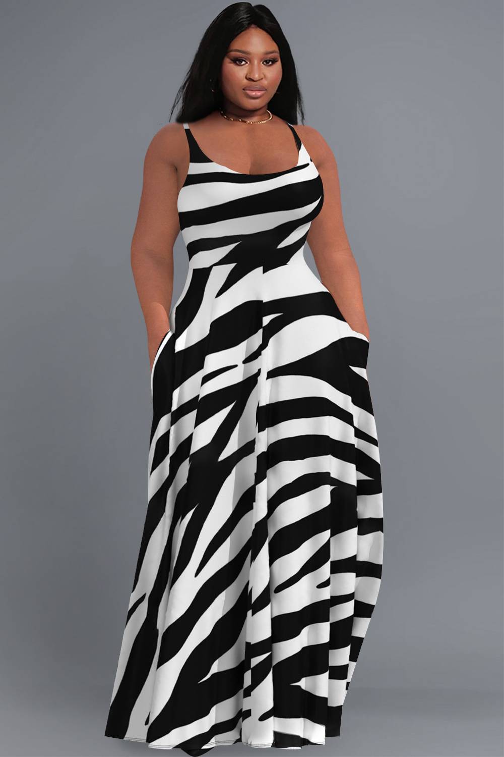 Xpluswear Design Plus Size Daily Black Sundress Zebra Print Round Neck Pocket Maxi Dresses