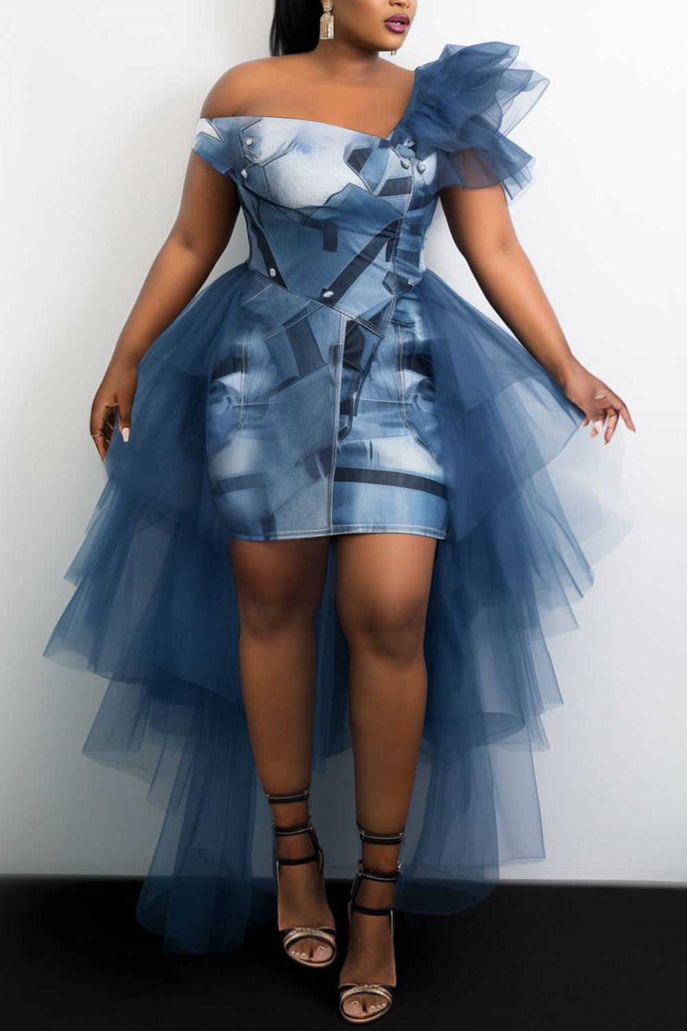 Xpluswear Design Plus Size Cocktail Party Blue Elegant Denim Print Asymmetrical Collar Flutter Sleeve With Skirt Overlay High Low Hem Tulle Mini Dresses