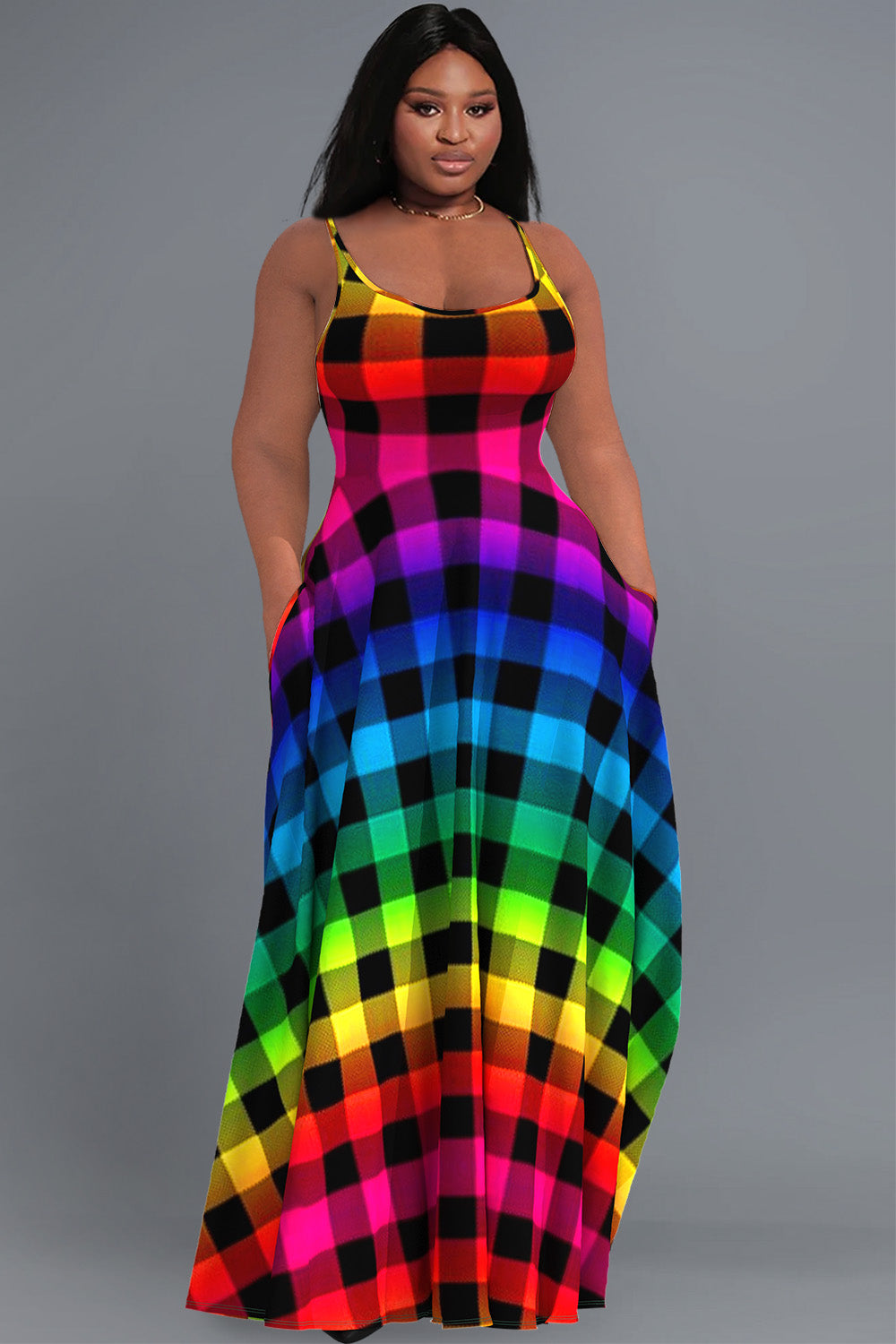 Xpluswear Design Plus Size Casual Sundress Rainbow Gradient Plaid Pockets Cami Maxi Dress