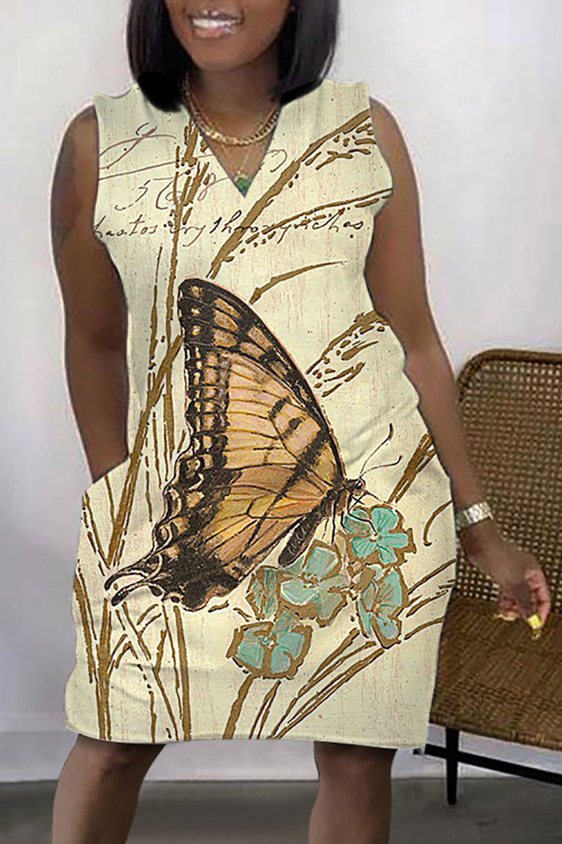 Xpluswear Plus Size Daily African Graphic Print Sleeveless V Neck With Pockets Mini Dress