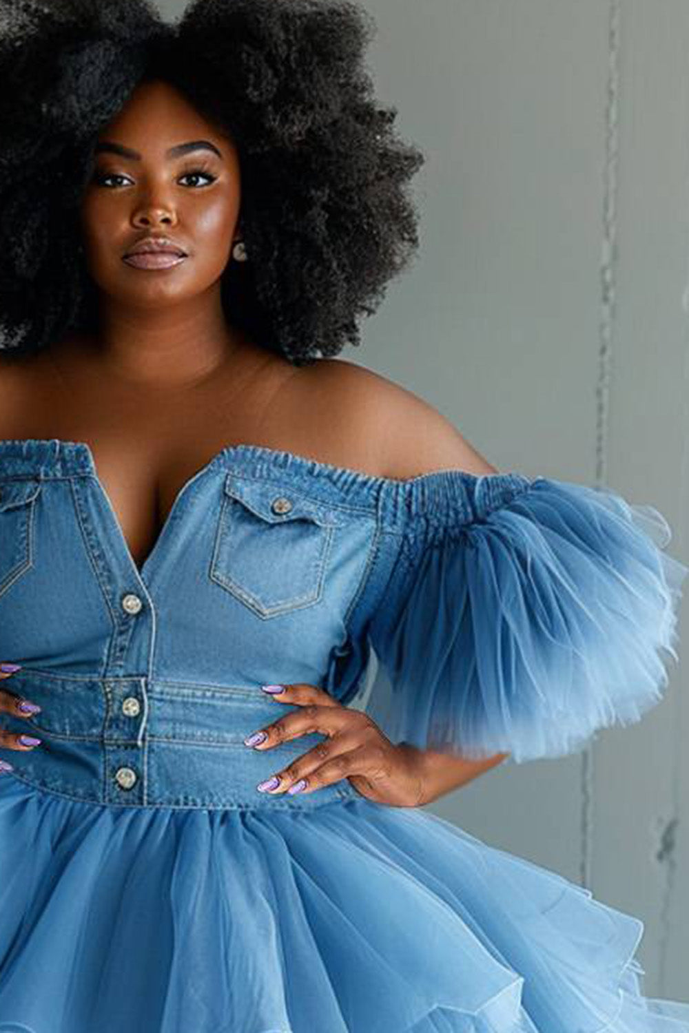 Xpluswear Design Plus Size Party Tulle Blue Off The Shoulder Short Sleeve Pleated Contrast Denim Mini Dresses
