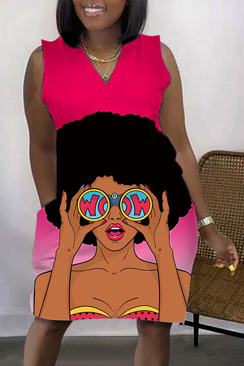 Xpluswear Plus Size Daily African Graphic Print Sleeveless V Neck With Pockets Mini Dress