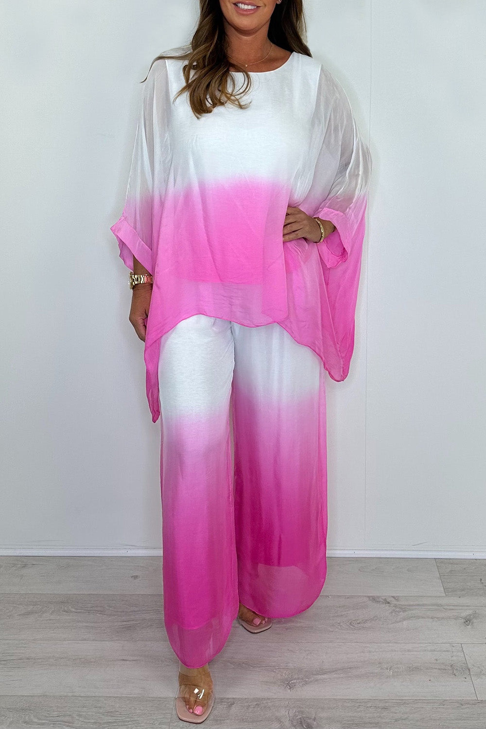 Plus Size Vacation Pink Casual Gradient Round Neck Long Sleeve See Through Two Piece Pant Sets
