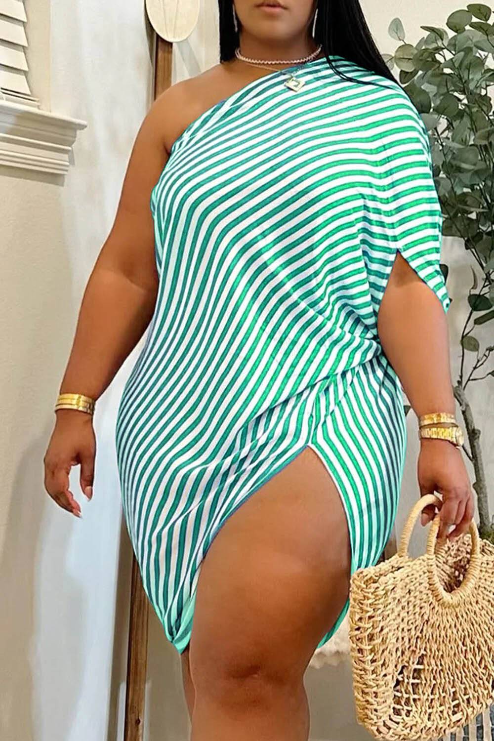 Plus Size Vacation Blue Sundress Striped One Shoulder Asymmetric Hem Mini Dresses