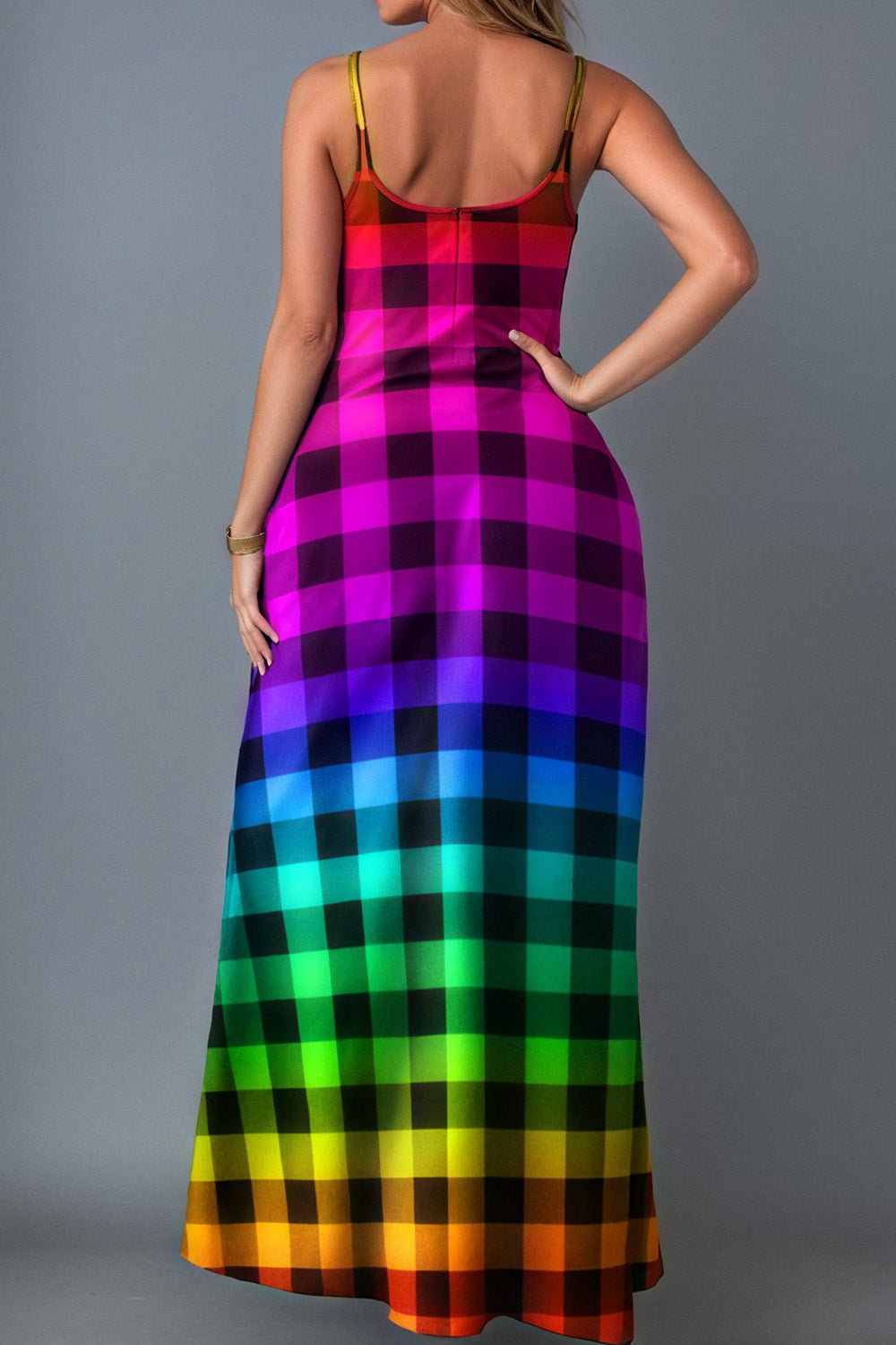 Xpluswear Design Plus Size Casual Sundress Rainbow Gradient Plaid Pockets Cami Maxi Dress