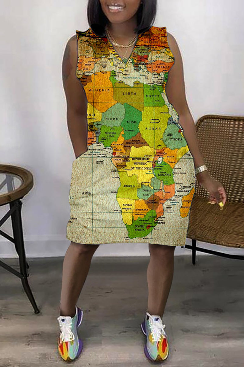 Xpluswear Plus Size Daily African Graphic Print Sleeveless V Neck With Pockets Mini Dress