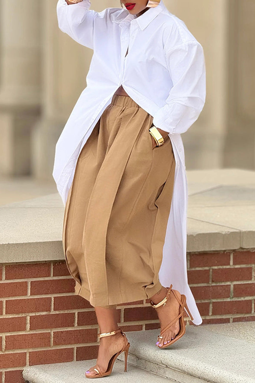 Plus Size Daily White Shirt Collar Split Long Blouses