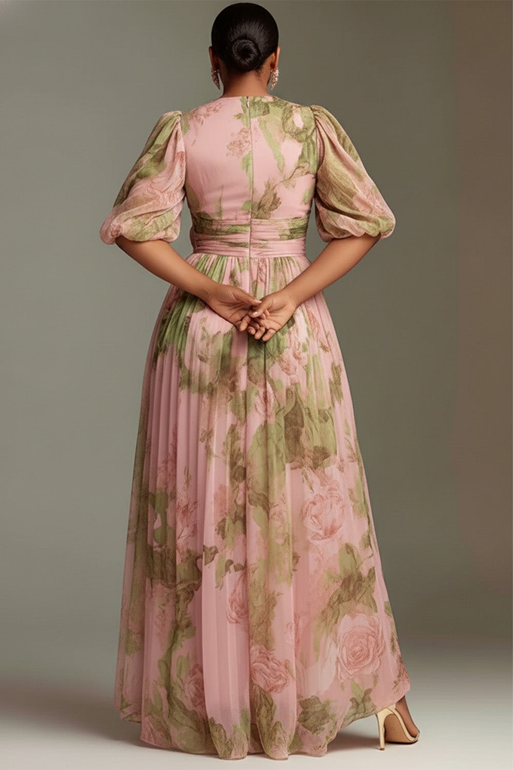 Xpluswear Design Plus Size Wedding Guest Peach Floral V Neck Puff Sleeve Short Sleeve 3D Split Chiffon Maxi Dresses [Pre-Order]