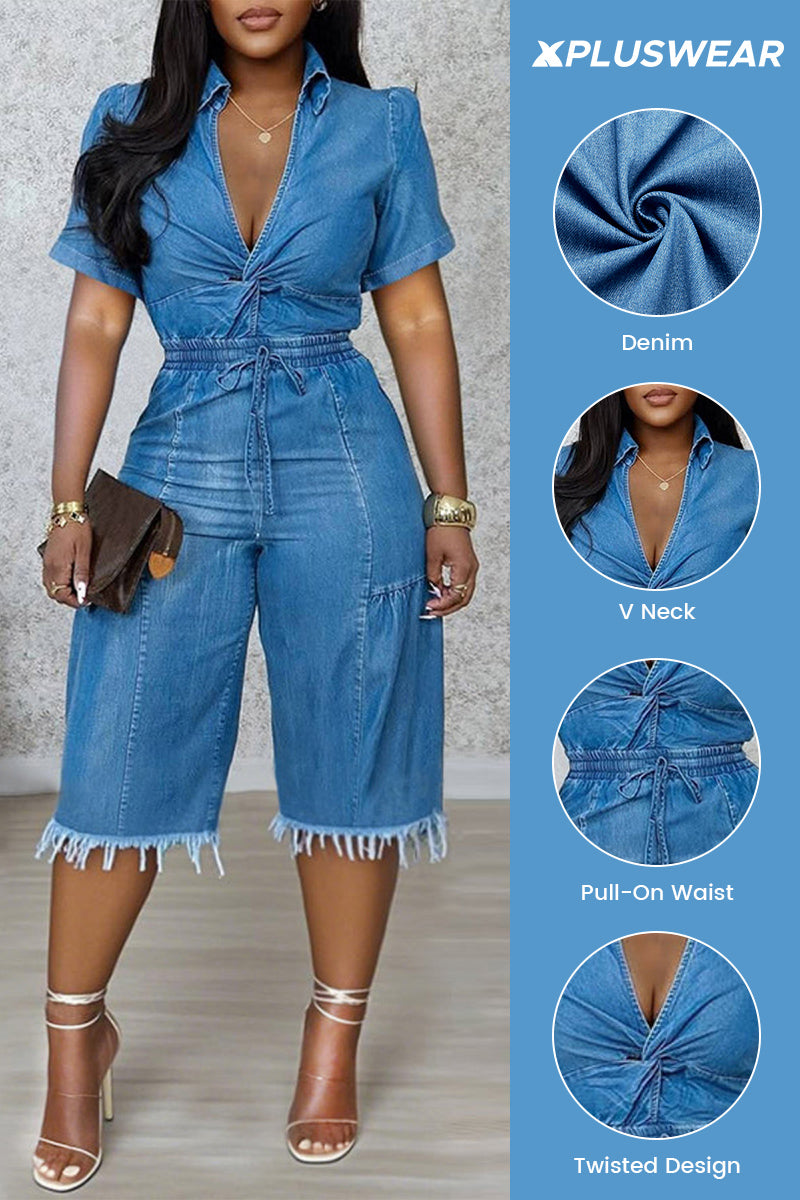 Plus Size Daily Blue V Neck Short Sleeve Pull-On Waist Casual Pocket Denim Rompers