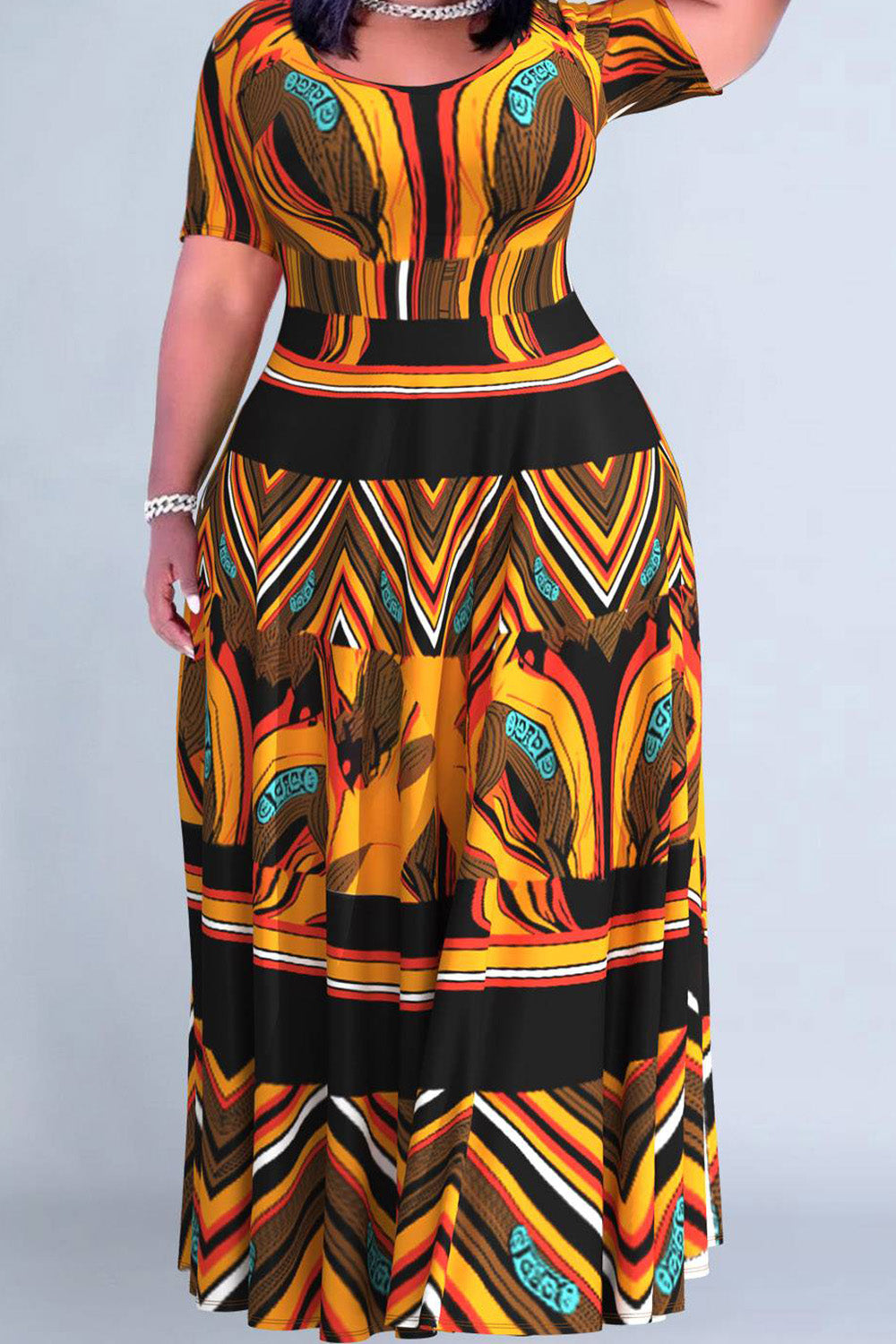 Plus Size Daily Brown Casual African Ankara Round Neck Short Sleeve Pocket Maxi Dresses