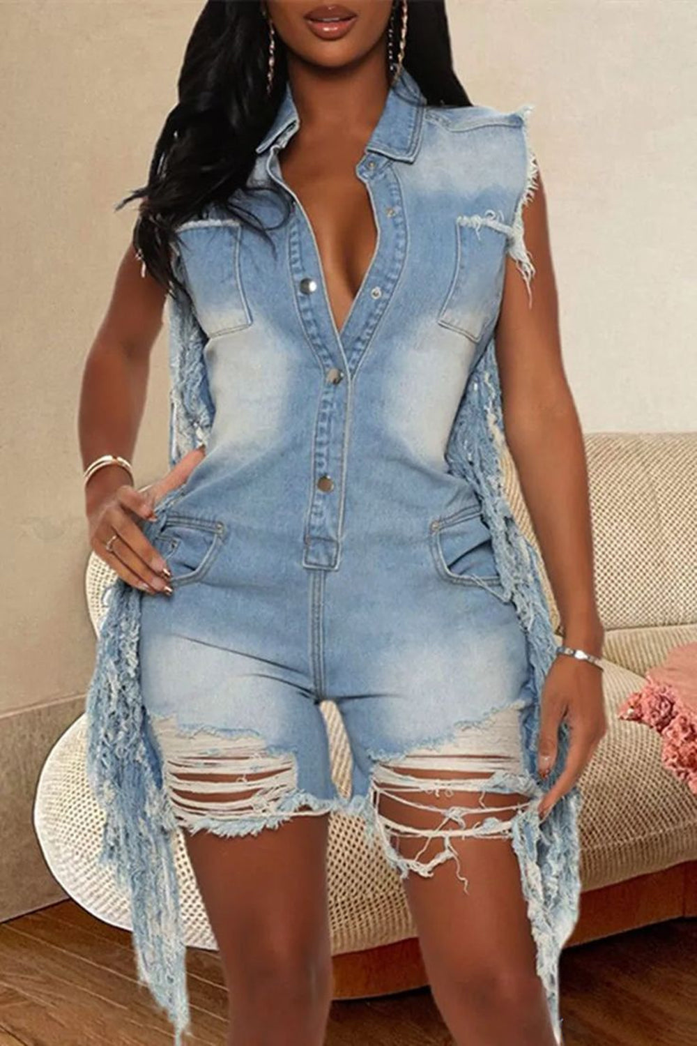 Plus Size Daily Blue Shirt Collar Strappy Distressed Denim Rompers