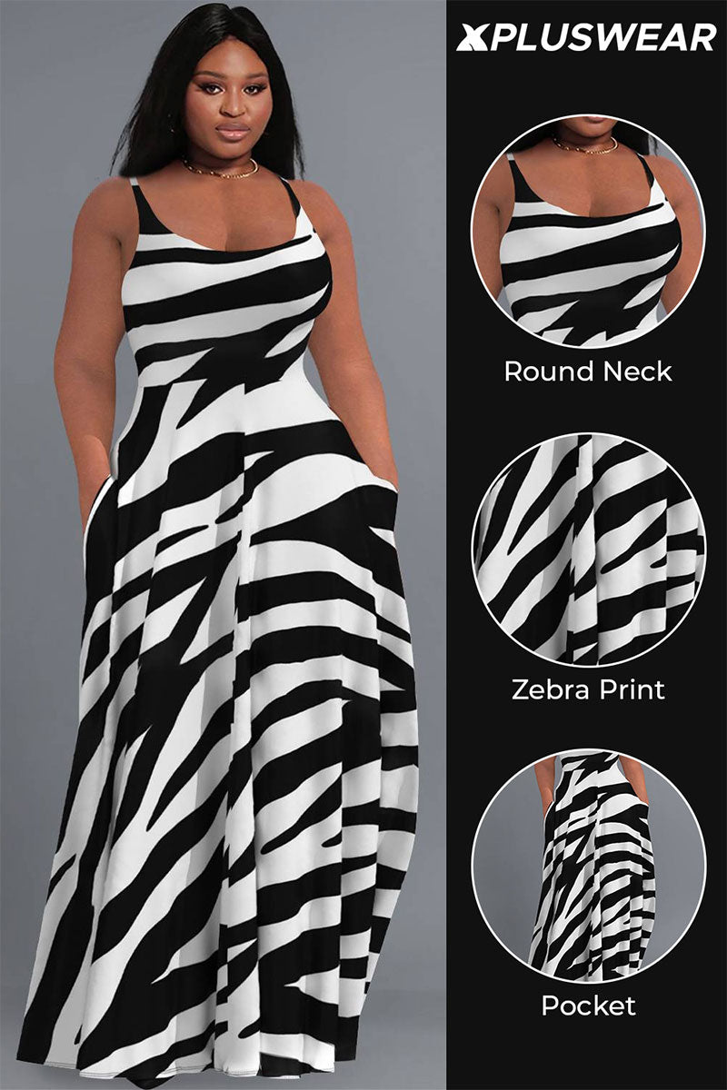 Xpluswear Design Plus Size Daily Black Sundress Zebra Print Round Neck Pocket Maxi Dresses