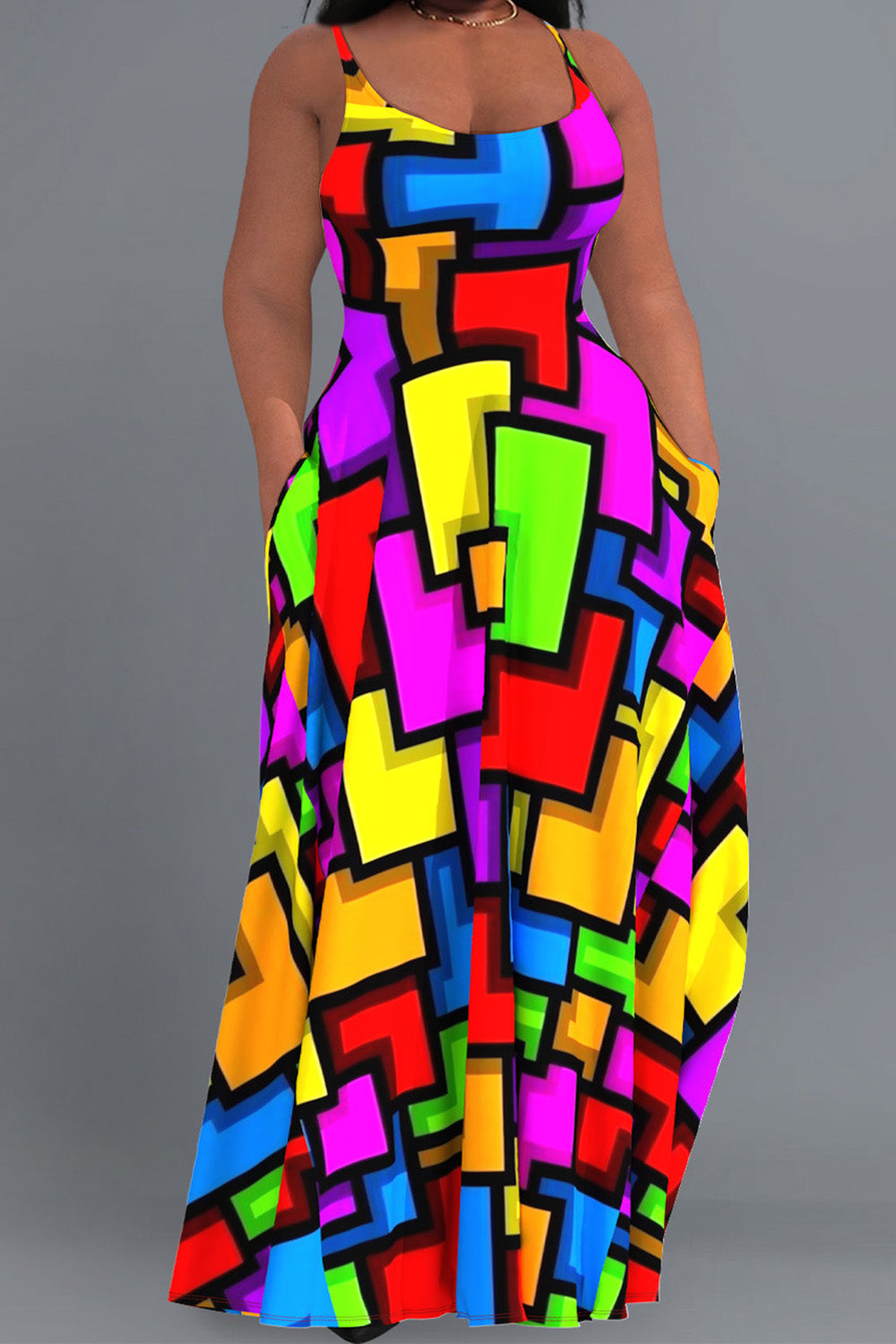 Xpluswear Design Plus Size Casual Sundress Colorful Geometric Colorblock Cami With Pockets Maxi Dress
