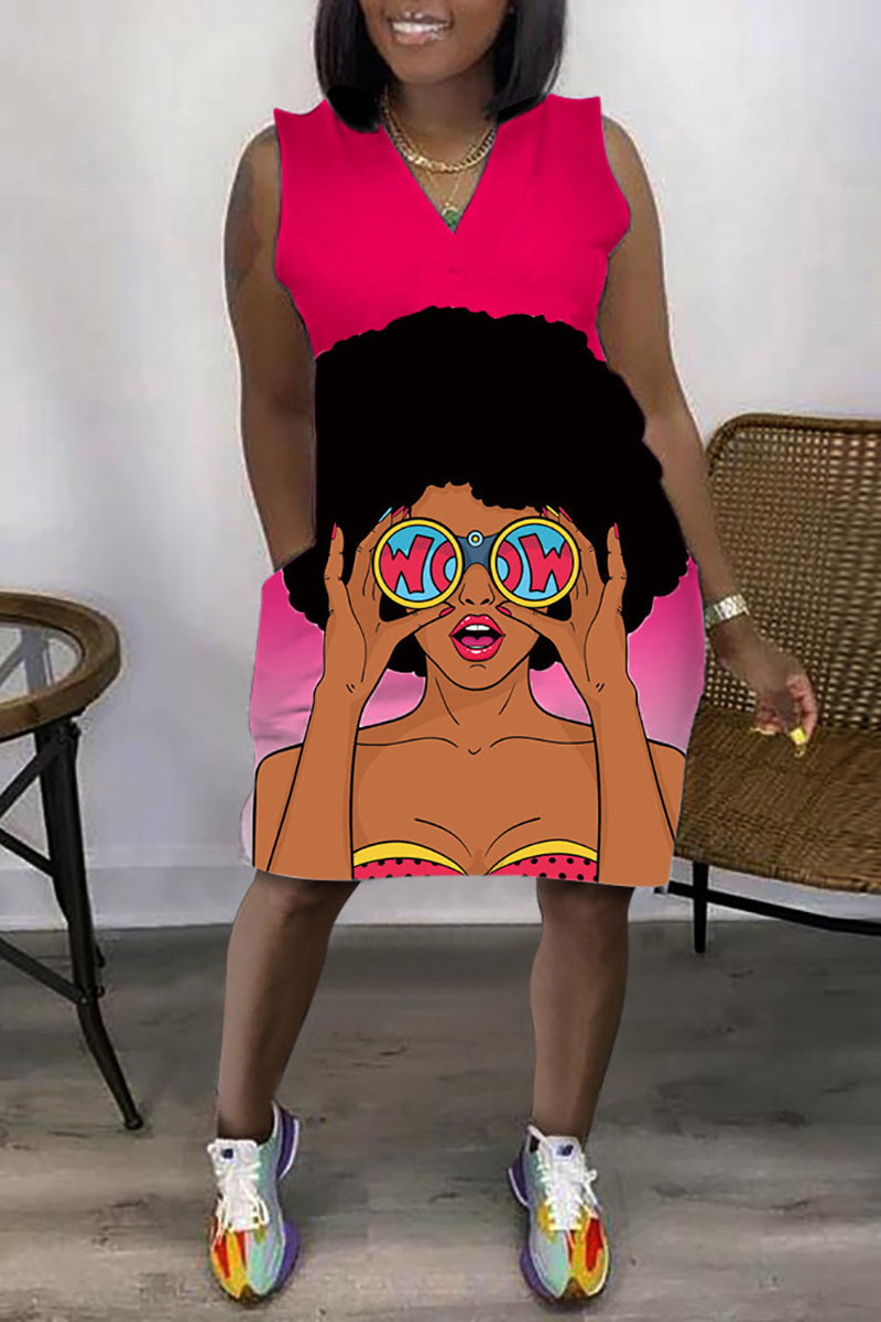 Xpluswear Plus Size Daily African Graphic Print Sleeveless V Neck With Pockets Mini Dress