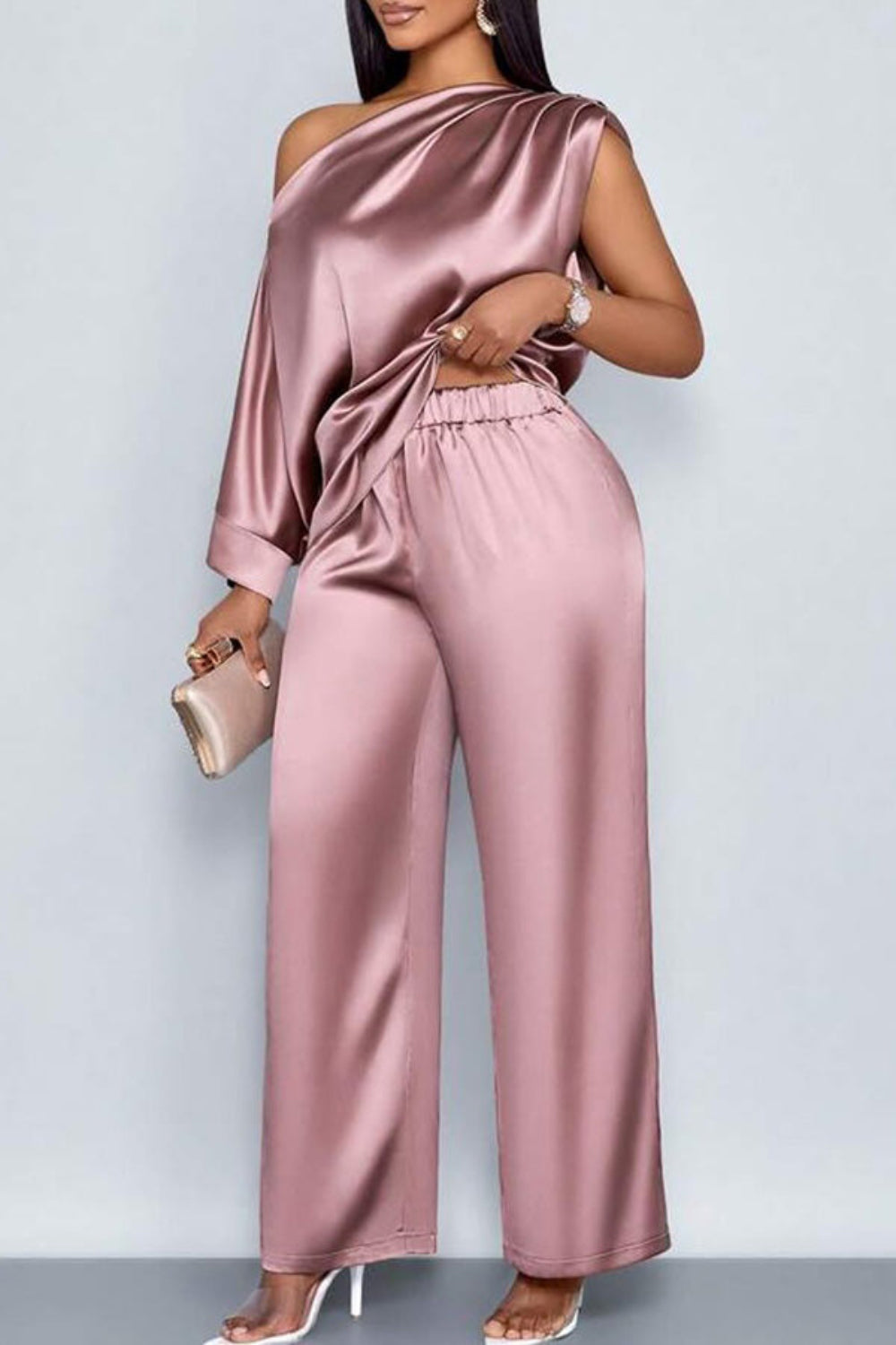 Plus Size Business Casual Pink Elegant Oblique Collar Short Sleeve Pocket Satin Two Piece Pant Sets