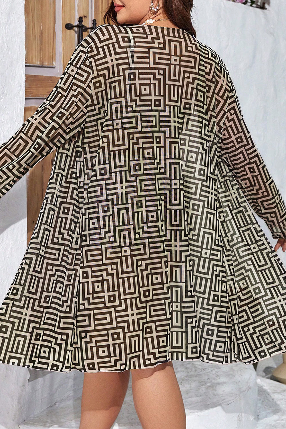 Plus Size Vacation Black Geometric Print Long Sleeve Three Pieces Swimsuit Cover Ups Set