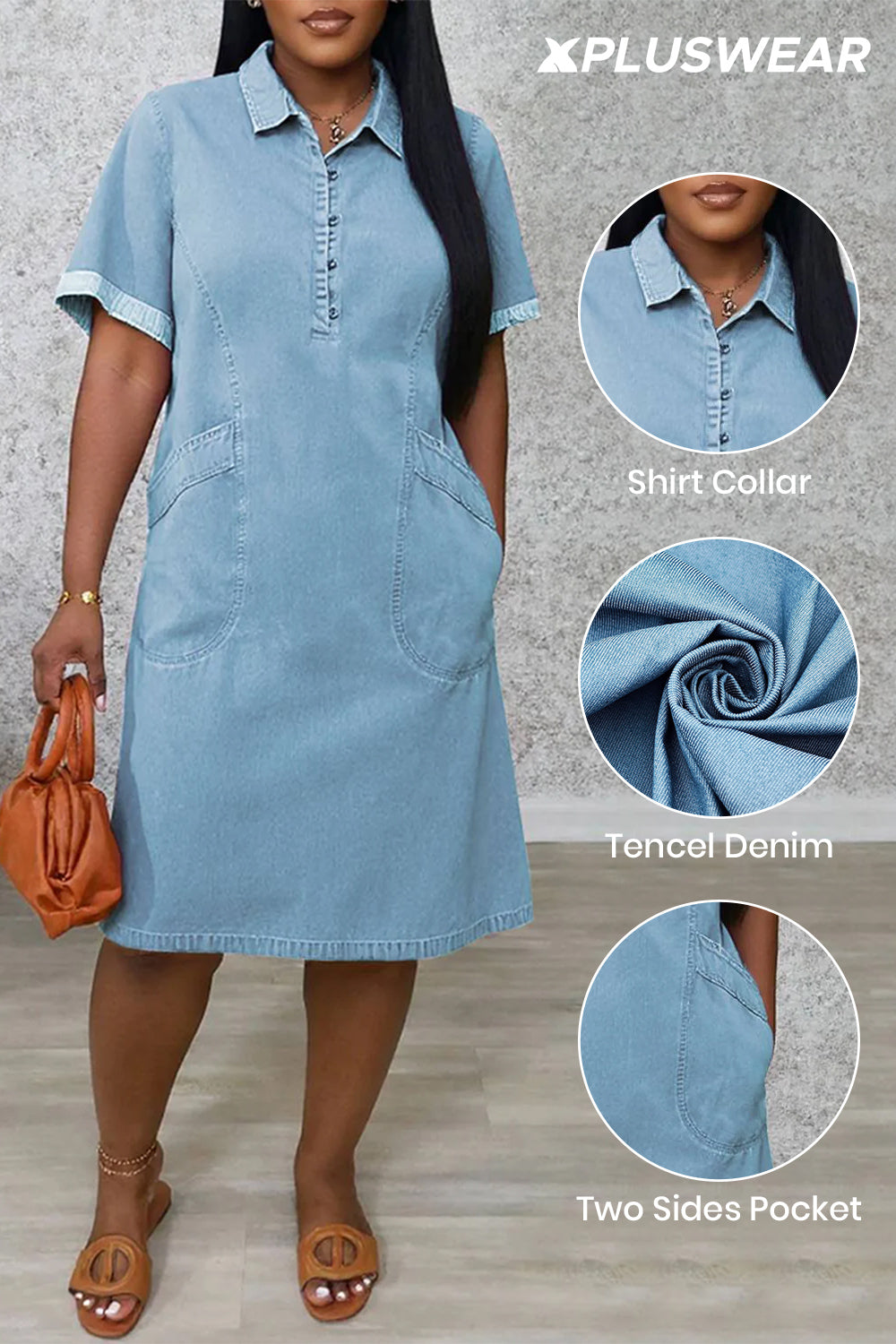 Plus Size Vacation Blue Shirt Collar Short Sleeve Casual Tencel Denim Midi Dresses