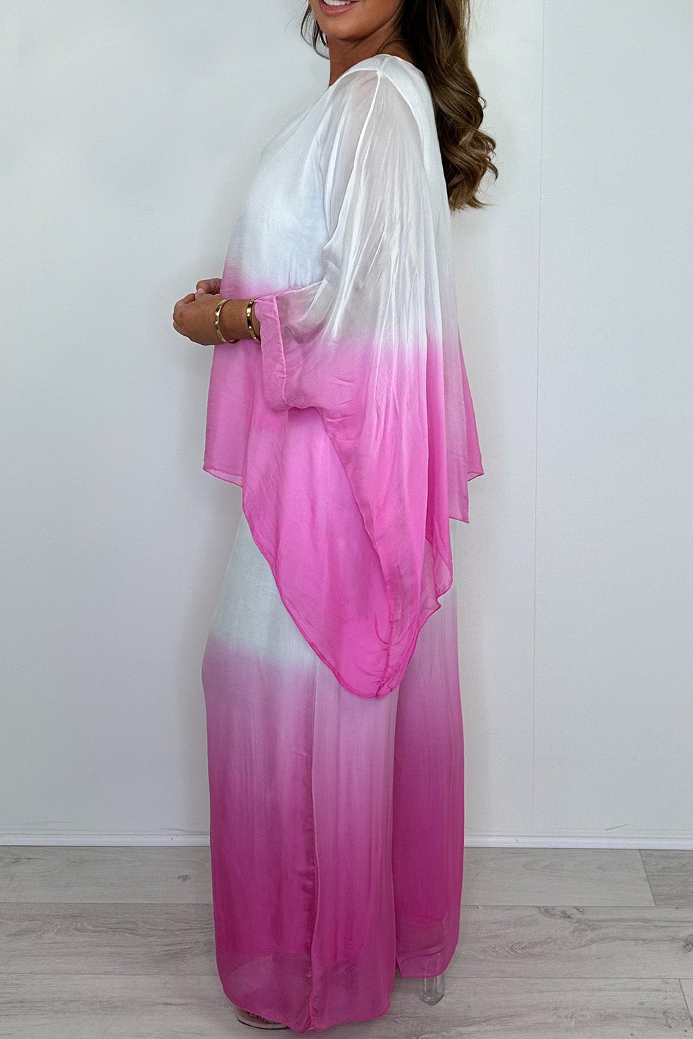 Plus Size Vacation Pink Casual Gradient Round Neck Long Sleeve See Through Two Piece Pant Sets